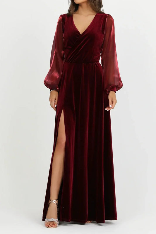 Burgundy Velvet Mother of the Bride Dress with Long Sleeves and High Slit