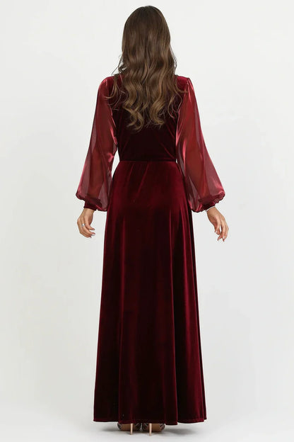 Burgundy Velvet Mother of the Bride Dress with Long Sleeves and High Slit