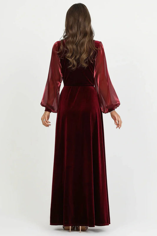 Burgundy Velvet Mother of the Bride Dress with Long Sleeves and High Slit