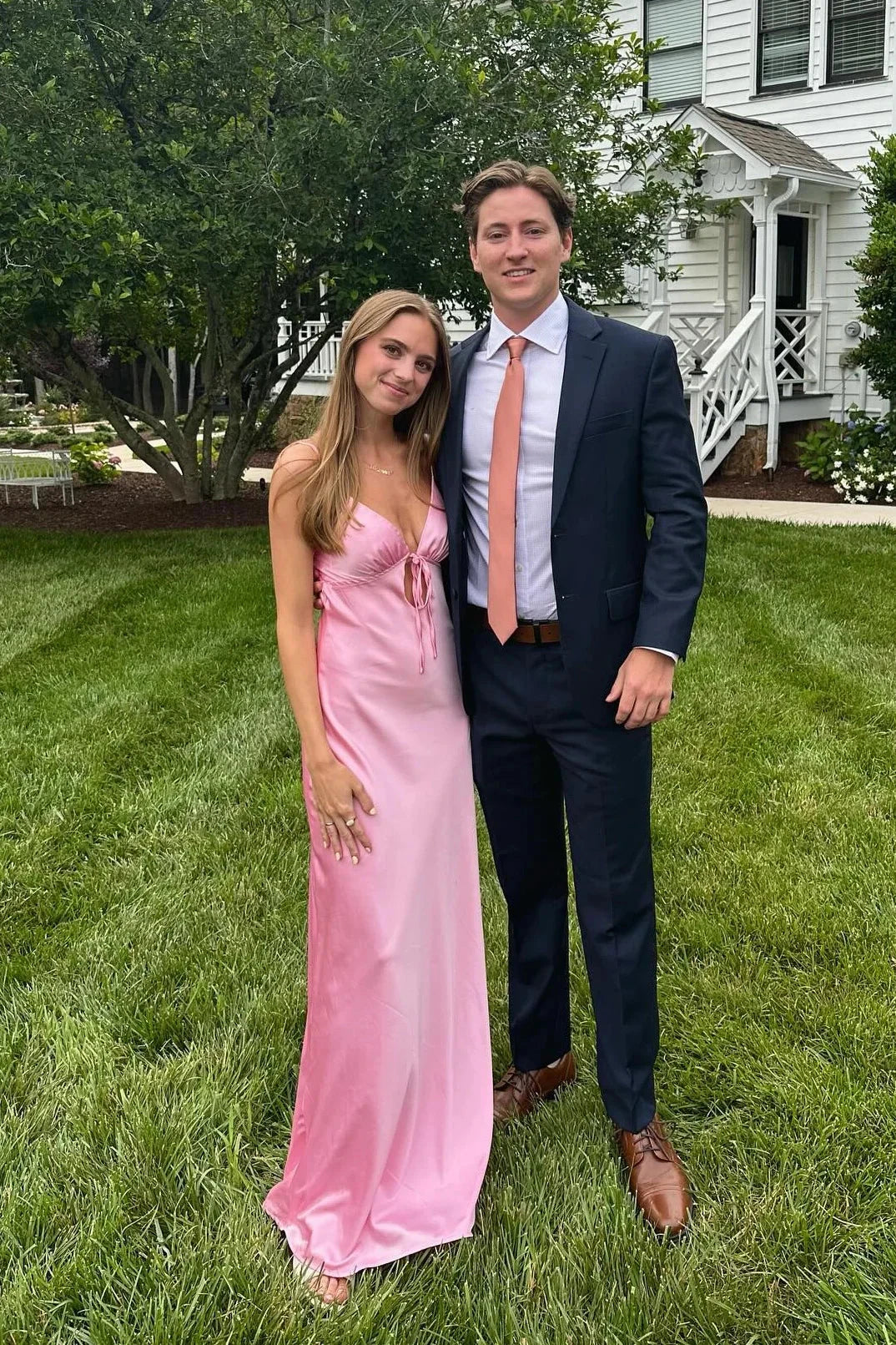 V-Neck Satin Maxi Prom Dress with Front Tie Cutout, Open Back Bow & Adjustable Spaghetti Straps by JiMiss Dresses