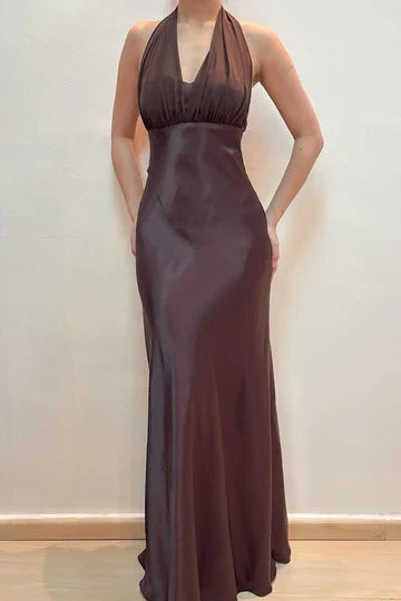 Chocolate Brown Satin Halter Prom Dress with Open Back and Floor-Length Silhouette