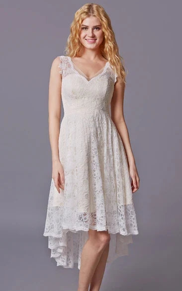 V-Neck Lace Sleeveless Knee-Length Wedding Dress - Yihuiw by Yihuiw
