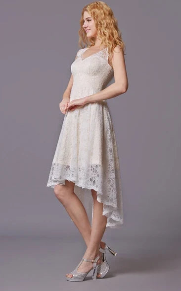 V-Neck Lace Sleeveless Knee-Length Wedding Dress - Yihuiw by Yihuiw