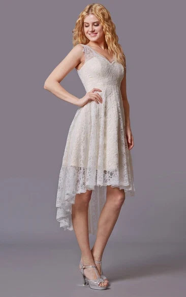 V-Neck Lace Sleeveless Knee-Length Wedding Dress - Yihuiw by Yihuiw