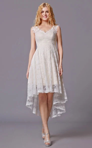 V-Neck Lace Sleeveless Knee-Length Wedding Dress - Yihuiw by Yihuiw