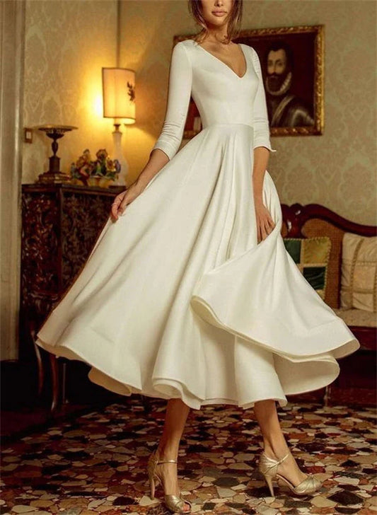 V Neck 3/4 Sleeve Satin Tea Length Wedding Dress A Line Flowy Short Bridal Dress