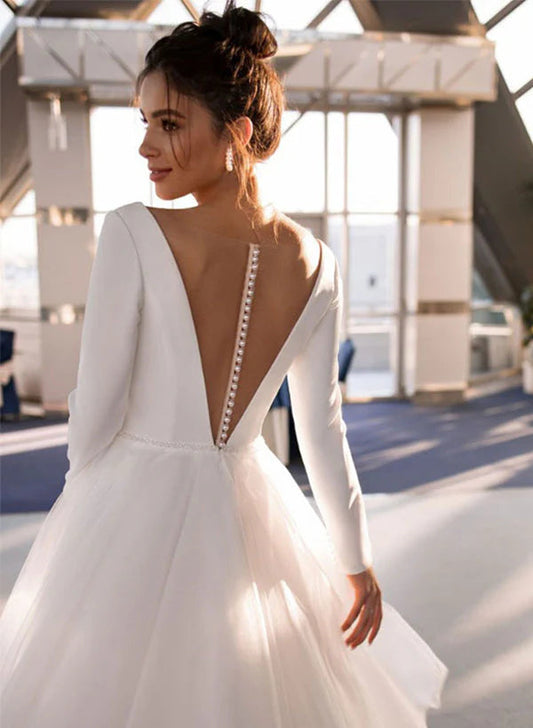 V Neck Long Sleeve A Line Wedding Dress with Button Back High Low Tulle Bridal Dress