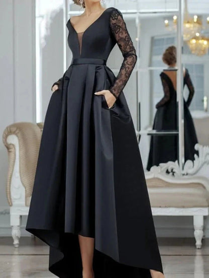 V Neck Long Sleeves Black Lace Long Prom Dresses,High Low Black Formal Dresses simple gentle atmospheric and unique desi Bring summer colors to enhance whiteness by YiHuiw