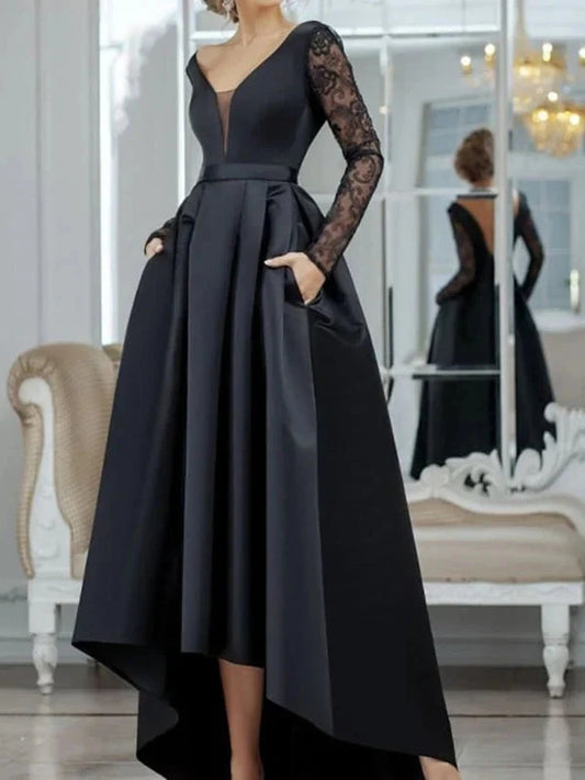 V Neck Long Sleeves Black Lace Long Prom Dresses,High Low Black Formal Dresses simple gentle atmospheric and unique desi Bring summer colors to enhance whiteness by YiHuiw