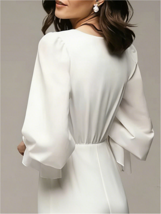 V Neck Ruffle Sleeve Chiffon Midi Wedding Dress Button Front A Line Bridal Dress