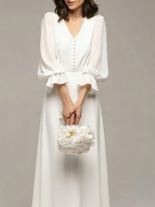 V Neck Ruffle Sleeve Chiffon Midi Wedding Dress Button Front A Line Bridal Dress