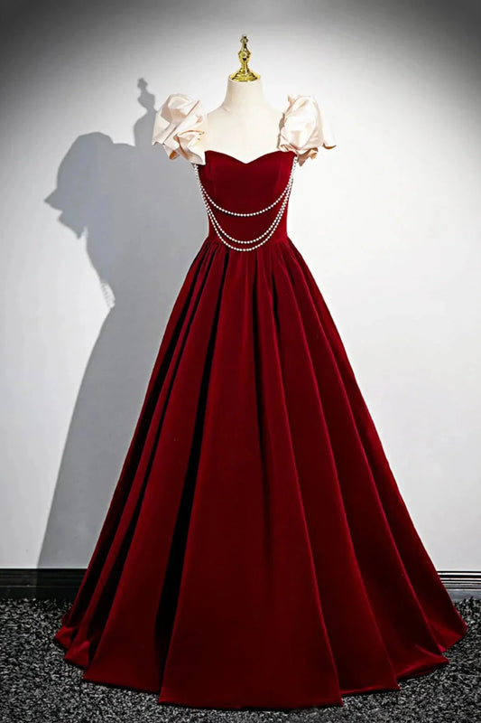 Velvet Floor Length Prom Dress Burgundy Off the Shoulder Evening Party Dress simple gentle atmospheric and unique desi Bring summer by YiHuiw