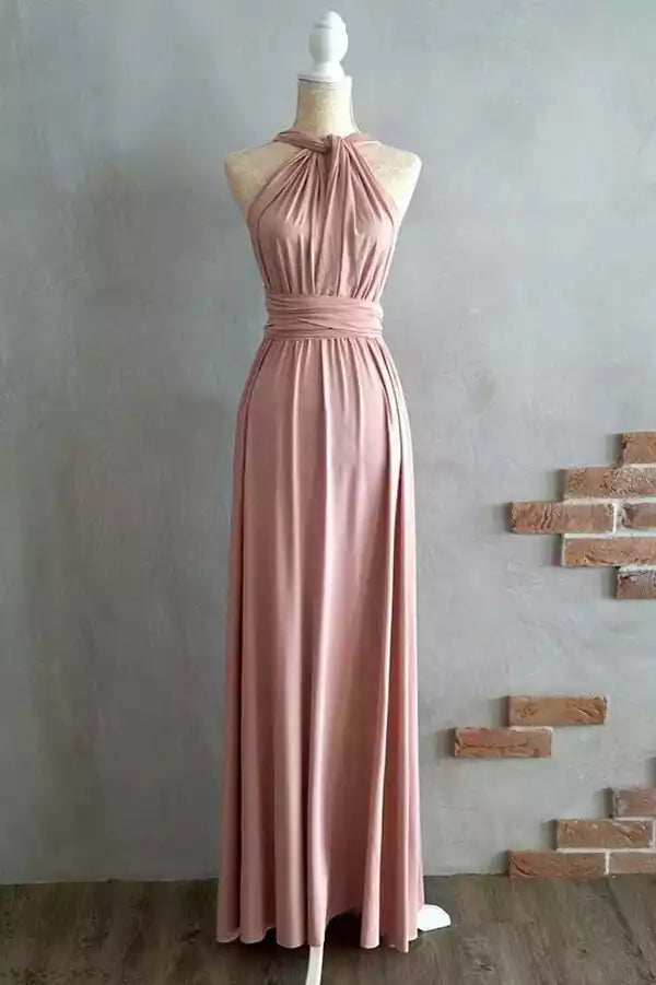 Versátil vestido largo convertible de punto en rosa empolvado