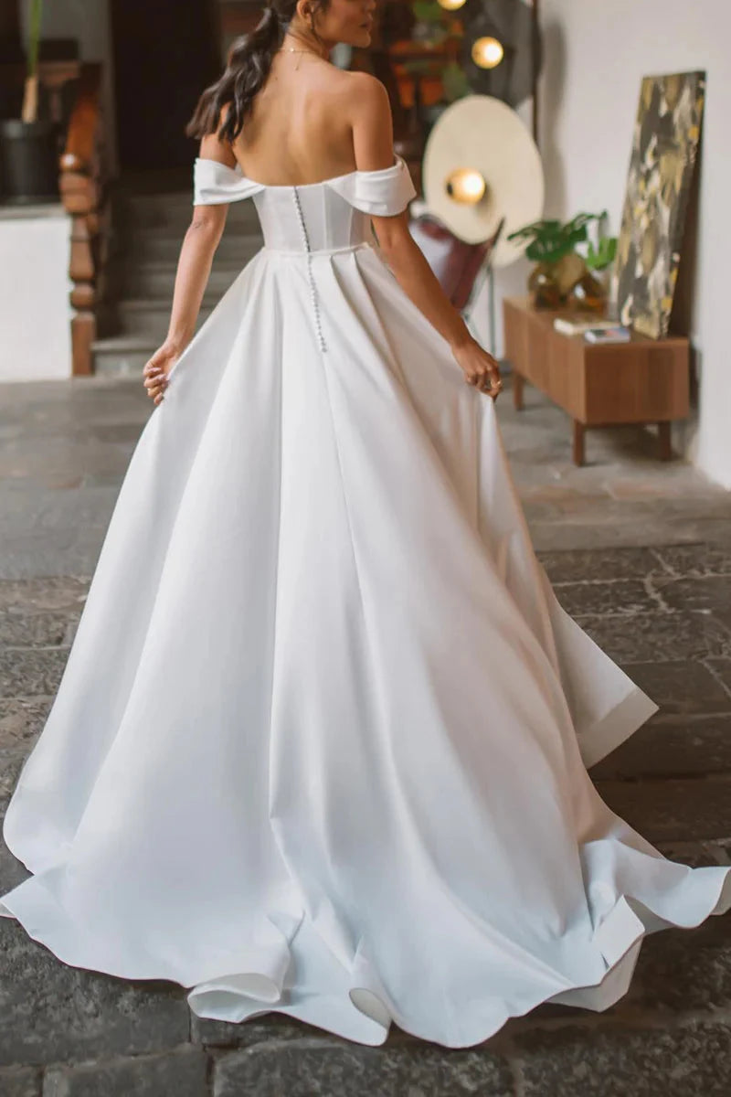 Versatile Satin Convertible Off-the-Shoulder Sweetheart High-Slit Train Wedding Dress by YiHuiw