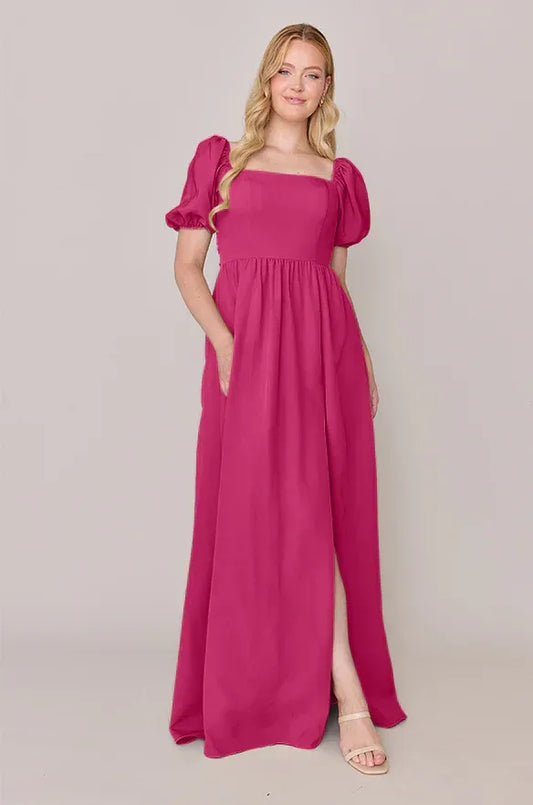 A-Line Square Neck Puff Sleeve High Slit Floor-Length Wedding Dress - Yihuiw by Yihuiw