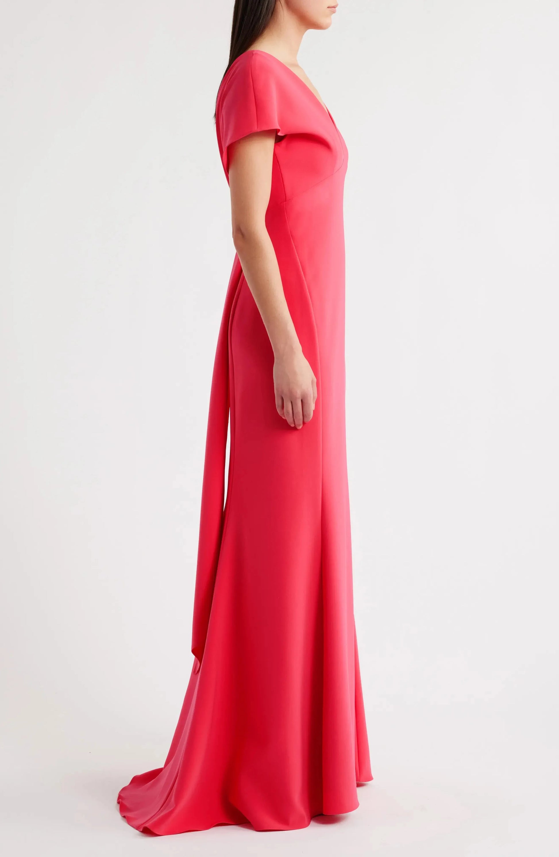 Vibrant Fitted Deep V Neck Cape Sleeve Plunging Back Floor Length For Adults Evening Dress by YiHuiw