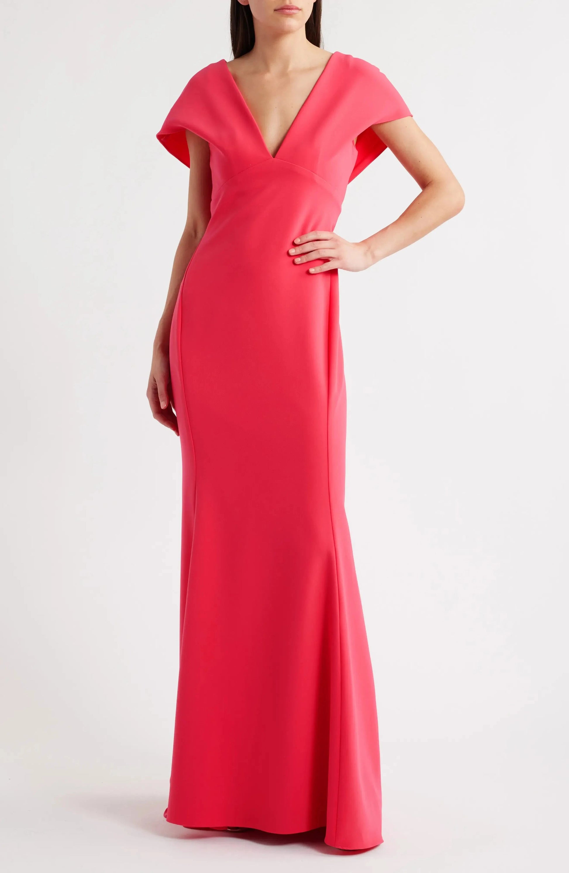 Vibrant Fitted Deep V Neck Cape Sleeve Plunging Back Floor Length For Adults Evening Dress by YiHuiw