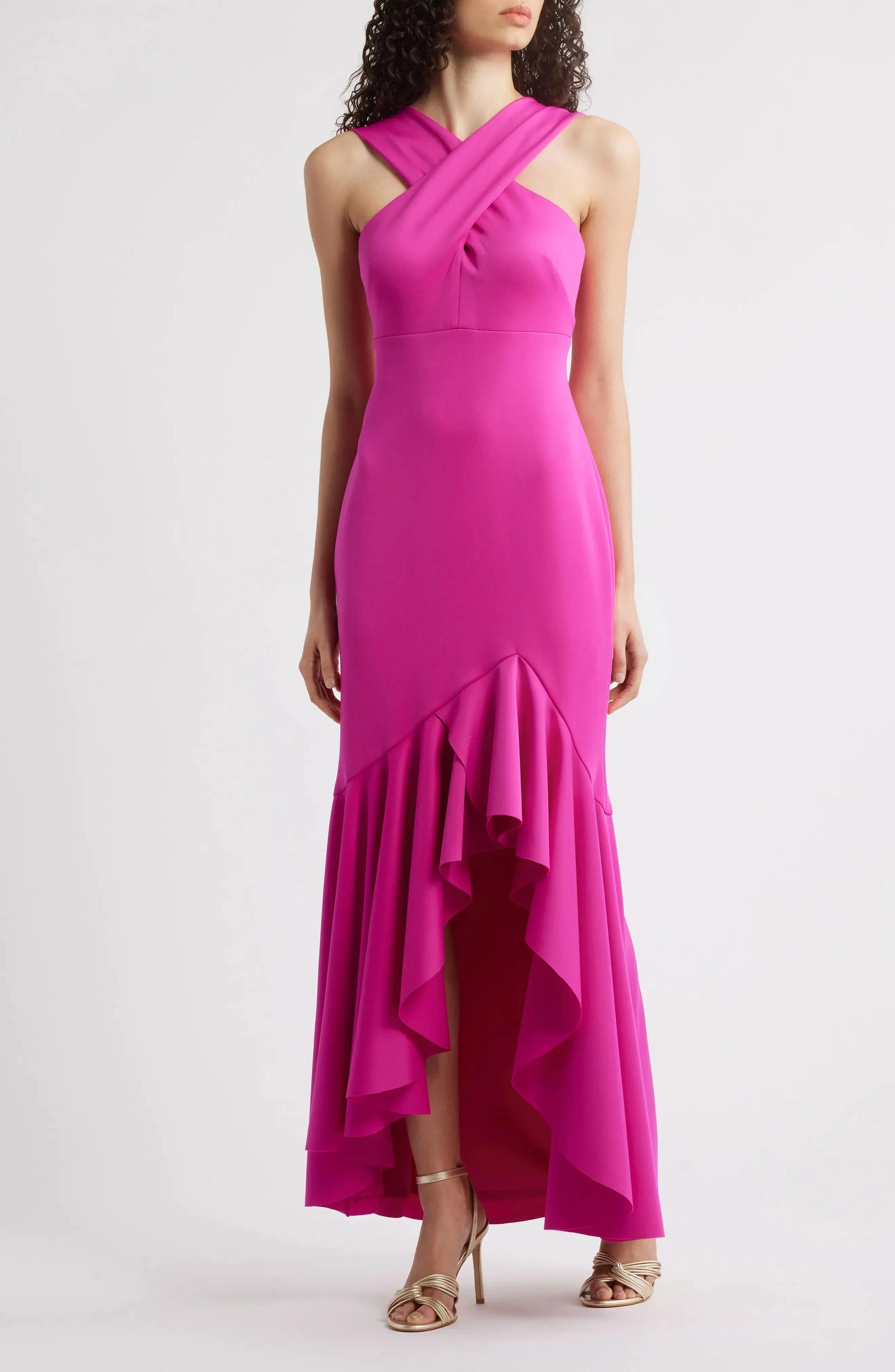 Vibrant Mermaid Cross Halter Sleeveless Open Back High Low Evening Dress by YiHuiw