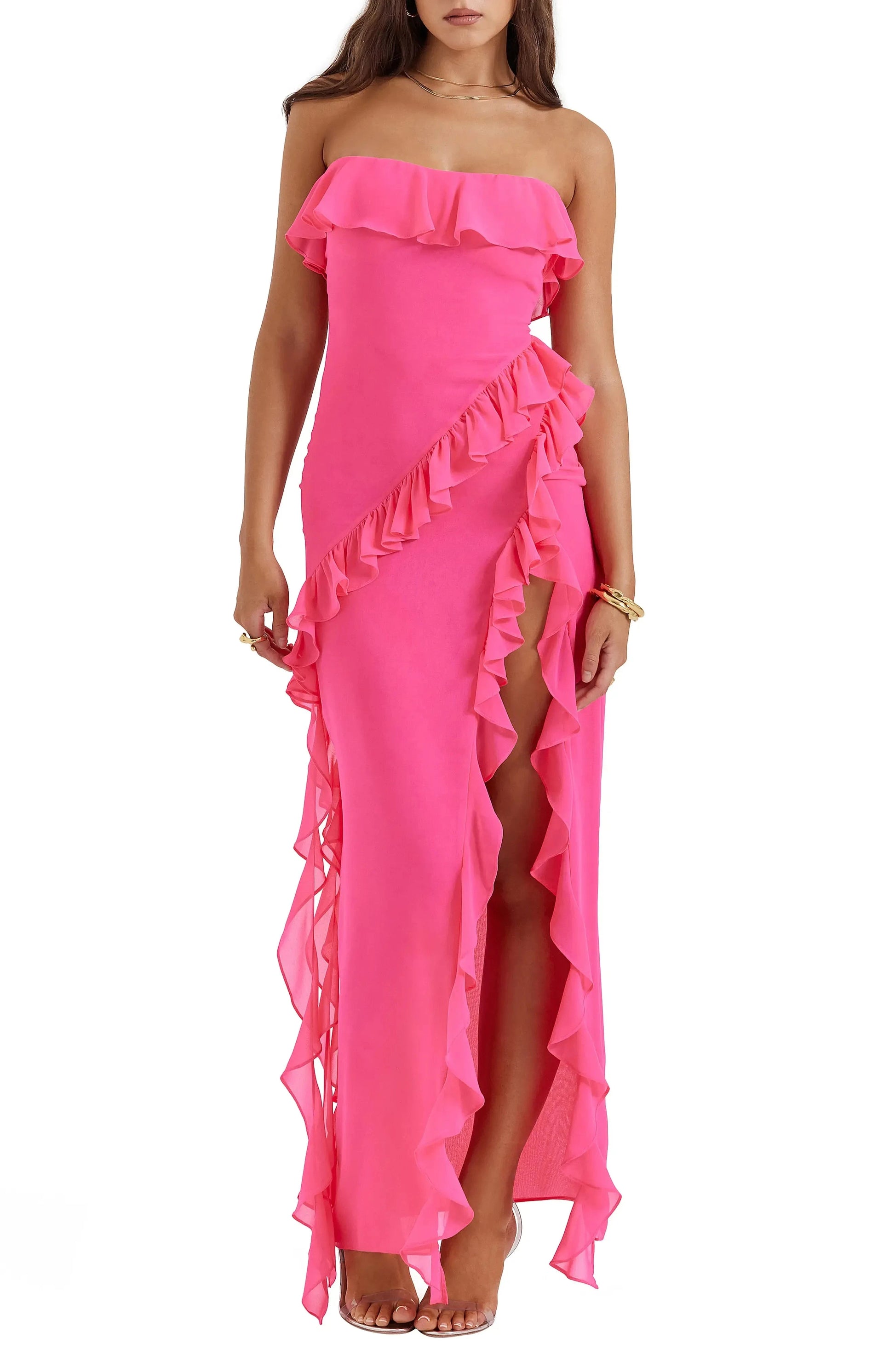 Vibrant Ruffled A-Line Strapless Sleeveless Open Back Floor Length For Ladies Prom Dress by YiHuiw
