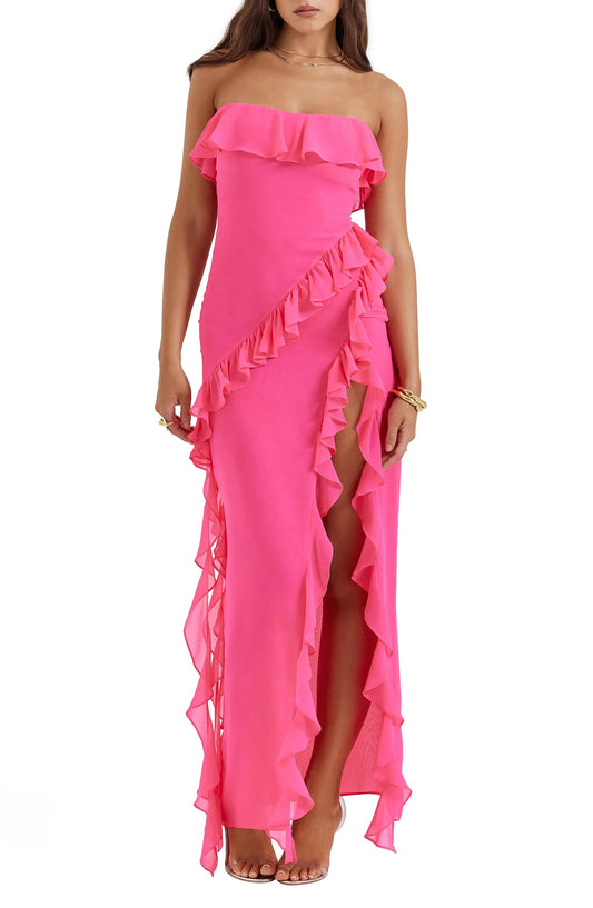 Vibrant Ruffled A-Line Strapless Sleeveless Open Back Floor Length For Ladies Prom Dress by YiHuiw