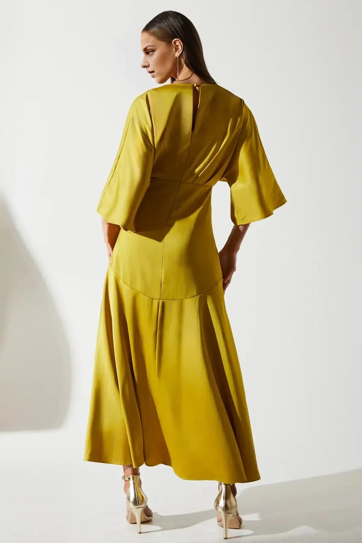 Vibrant Ruffled A-Line V Neck Bell Sleeve Keyhole Back Asymmetrical Midi For Ladies Prom Dress by YiHuiw