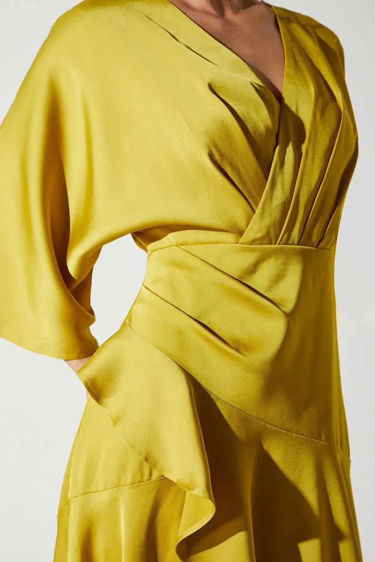 Vibrant Ruffled A-Line V Neck Bell Sleeve Keyhole Back Asymmetrical Midi For Ladies Prom Dress by YiHuiw