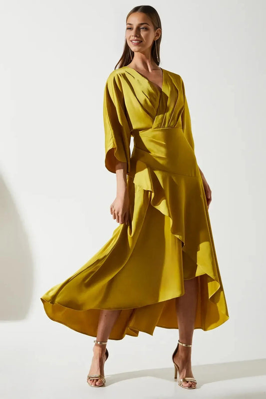 Vibrant Ruffled A-Line V Neck Bell Sleeve Keyhole Back Asymmetrical Midi For Ladies Prom Dress by YiHuiw