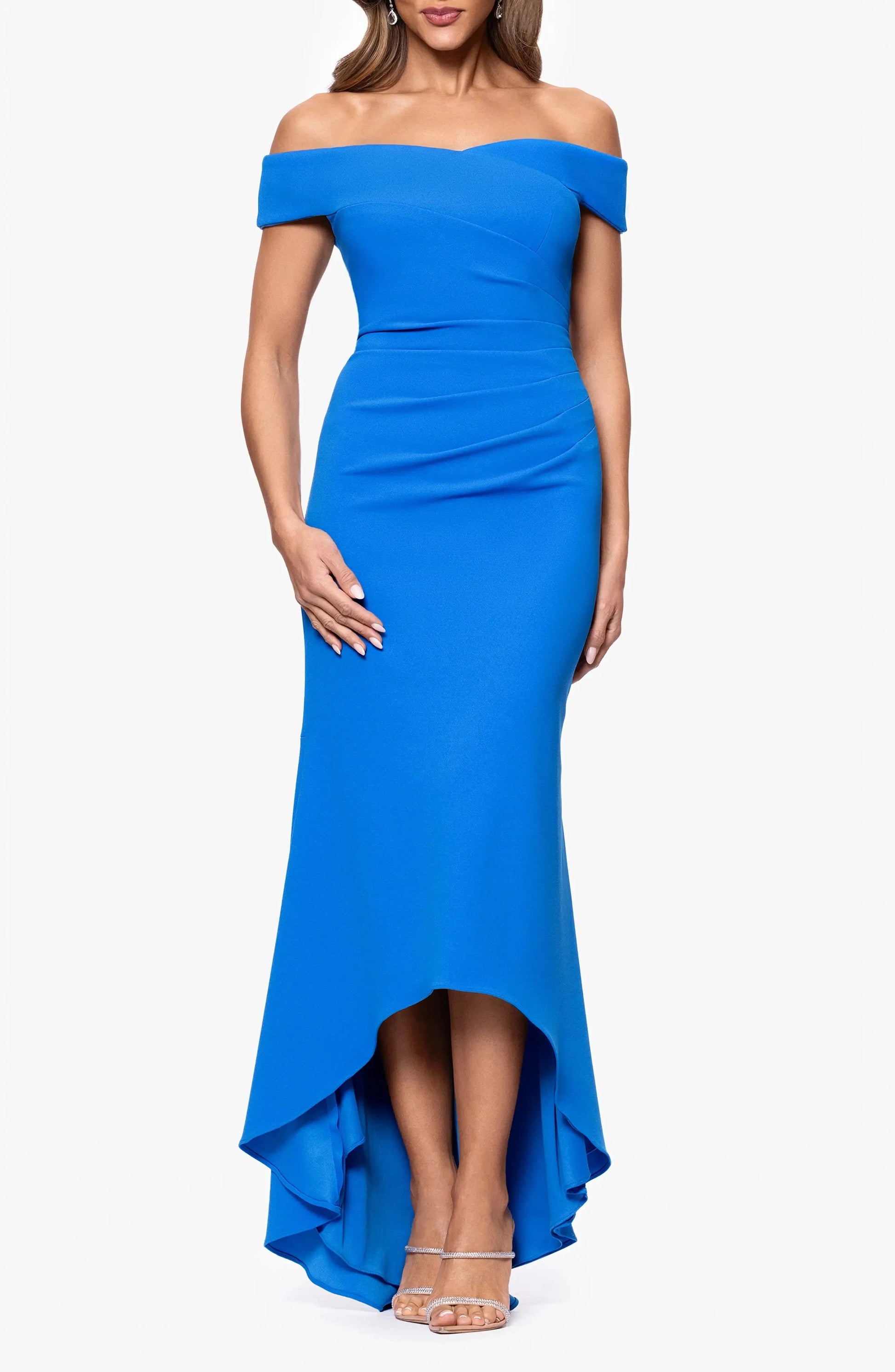 Vibrant Trumpet Off Shoulder Short Sleeve Ruched Back High Low For Ladies Evening Dress by YiHuiw