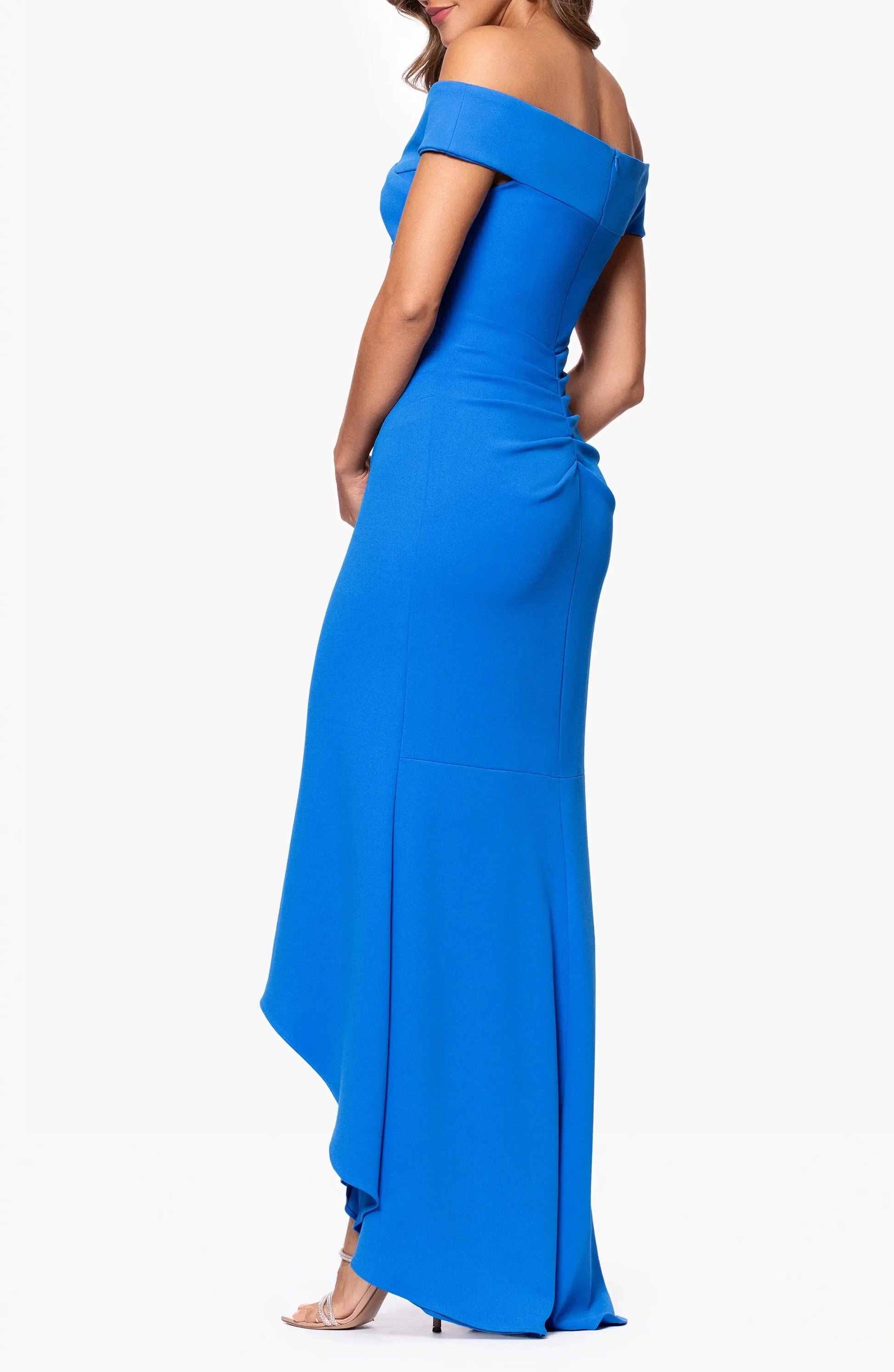 Vibrant Trumpet Off Shoulder Short Sleeve Ruched Back High Low For Ladies Evening Dress by YiHuiw