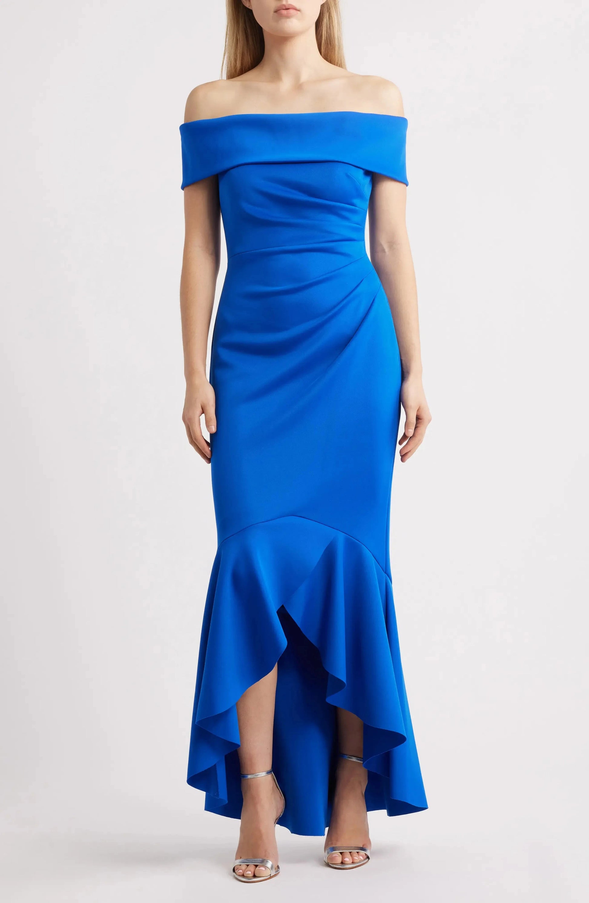 Vibrant Trumpet Off Shoulder Sleeveless Ruched Back High Low For Adults Evening Dress by YiHuiw