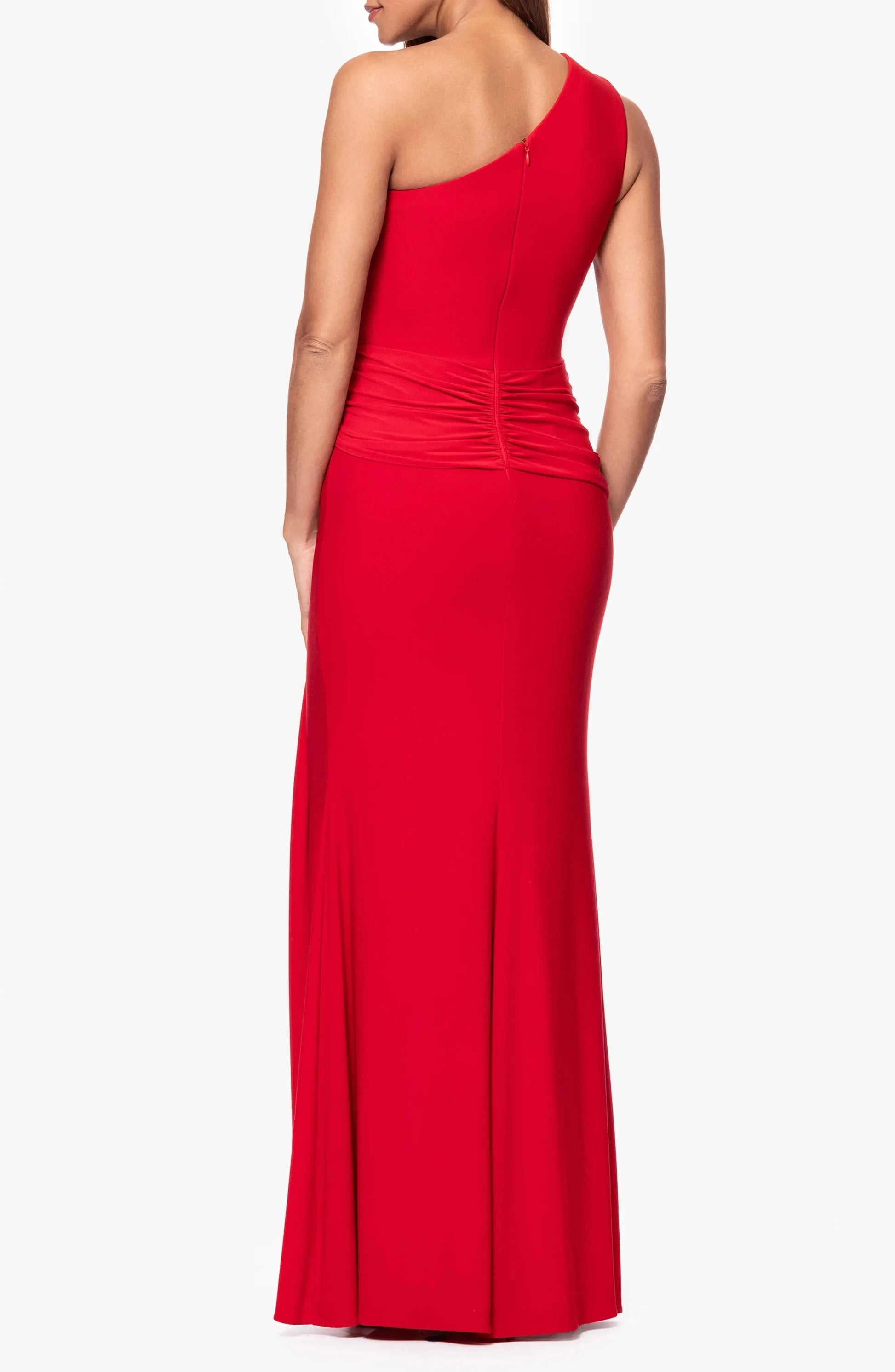 Vibrant Trumpet One Shoulder Sleeveless Knot Accent Ruched Back Maxi For Adults Evening Dress by YiHuiw