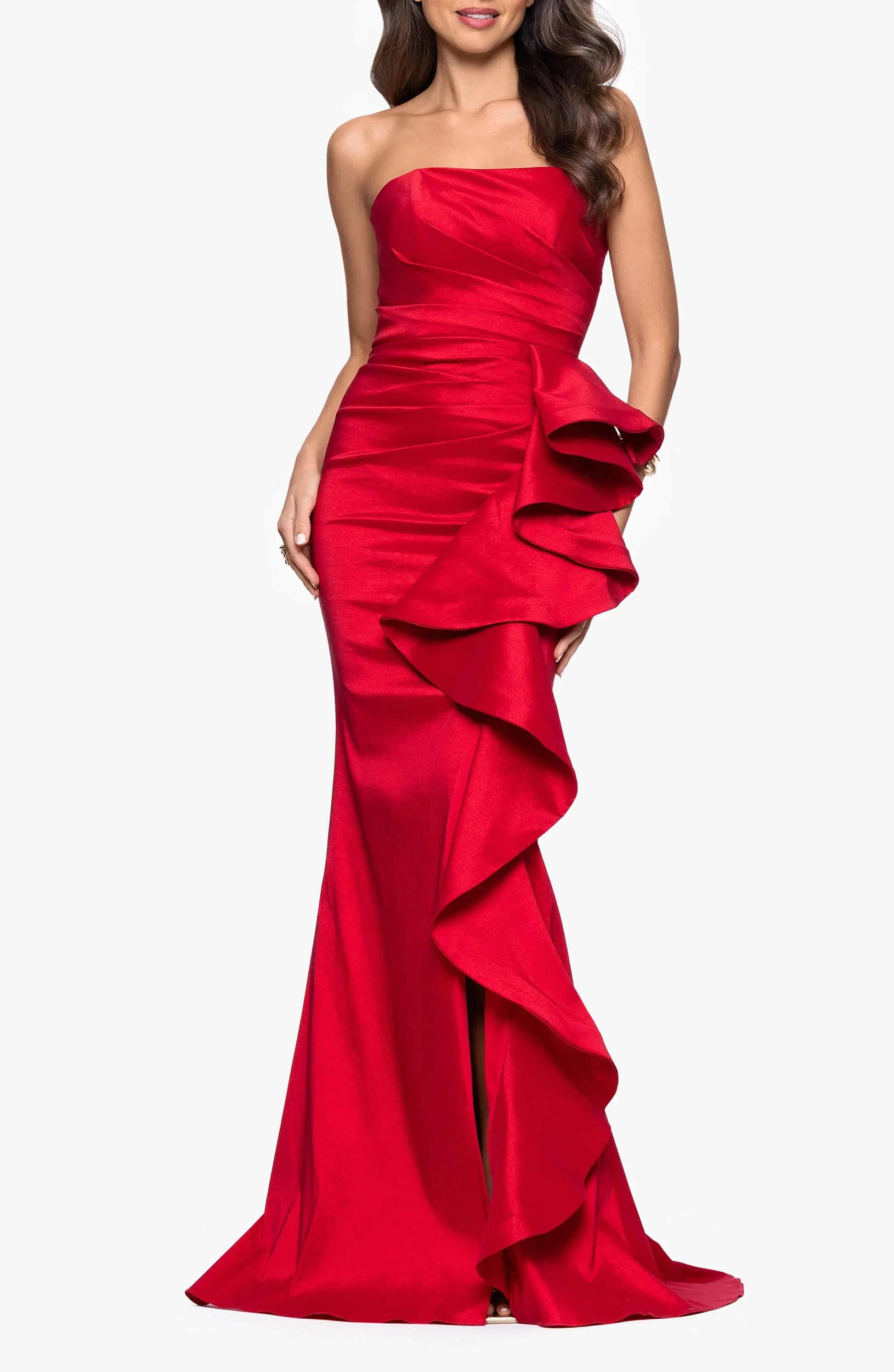 Vibrant Trumpet Strapless Ruffled Accent Zip Back Train Maxi For Ladies Evening Dress by YiHuiw