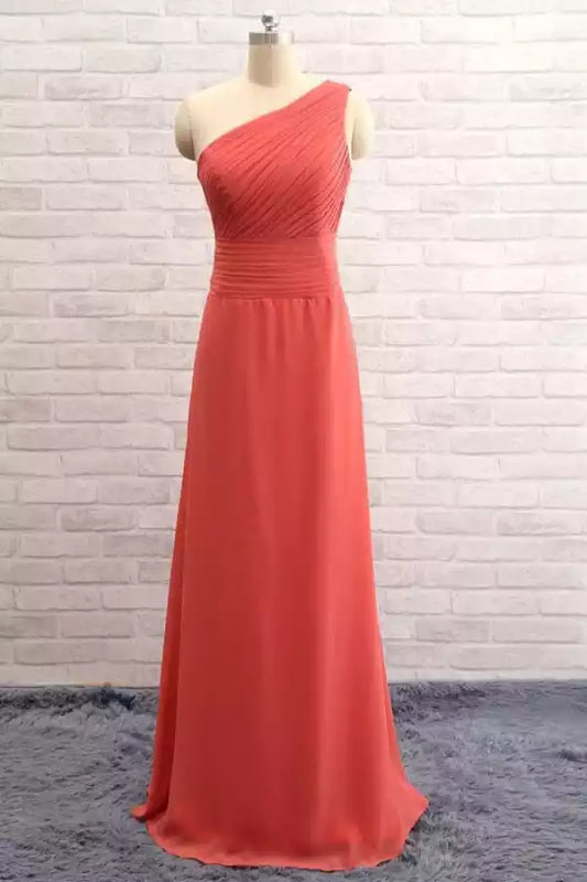 Vibrant Coral Chiffon One-Shoulder Dress with Pleated Bodice
