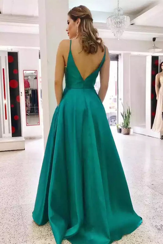 Vibrant Emerald Green Satin A-Line Dress with Plunge V-Neck & Open Back