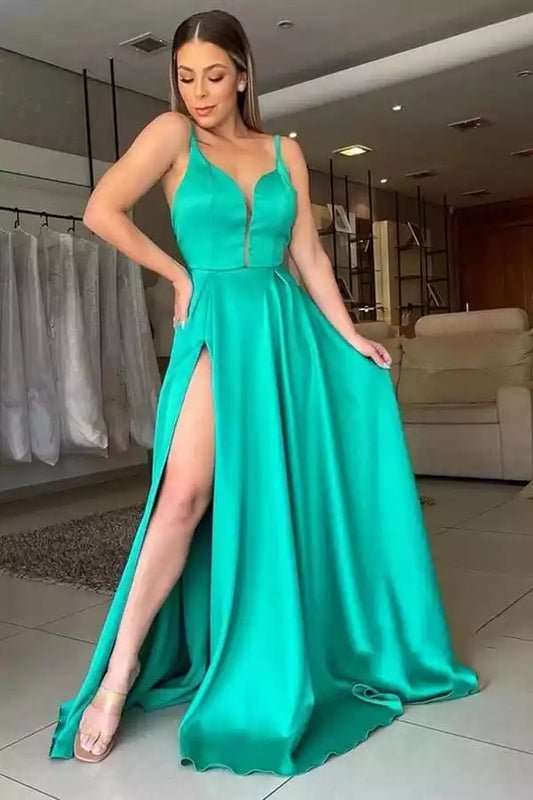 Vibrant Emerald Green Satin A-Line Dress with Plunge V-Neck & Open Back