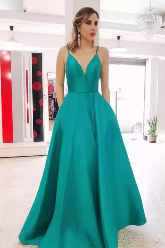 Vibrant Emerald Green Satin A-Line Dress with Plunge V-Neck & Open Back