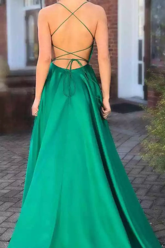 Vibrant Emerald Green Satin A-Line Dress with Square Neck & Lace-Up Back