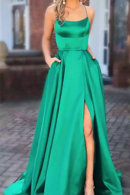 Vibrant Emerald Green Satin A-Line Dress with Square Neck & Lace-Up Back
