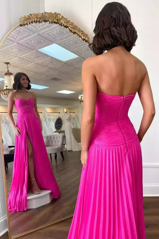 Vibrant Hot Pink Pleated A-Line Dress with Strapless Sweetheart Neck & High Slit
