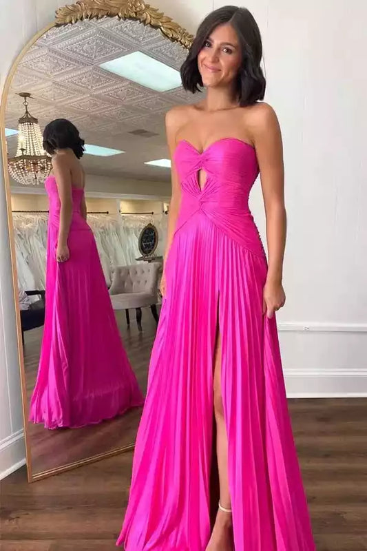 Vibrant Hot Pink Pleated A-Line Dress with Strapless Sweetheart Neck & High Slit