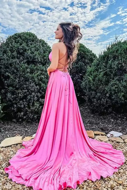 Vestido vibrante de satén rosa fucsia de corte en A con escote cuadrado y espalda con cordones