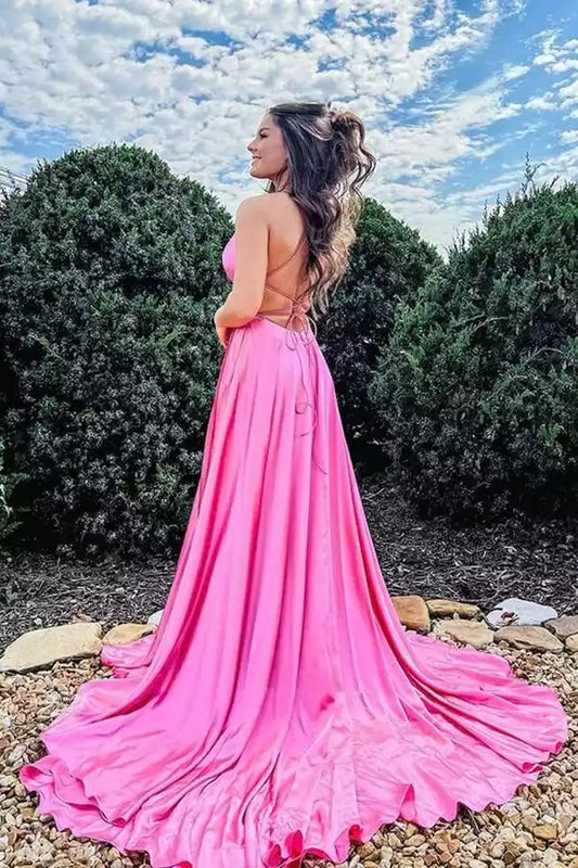 Vibrant Hot Pink Satin A-Line Dress with Square Neck & Lace-Up Back