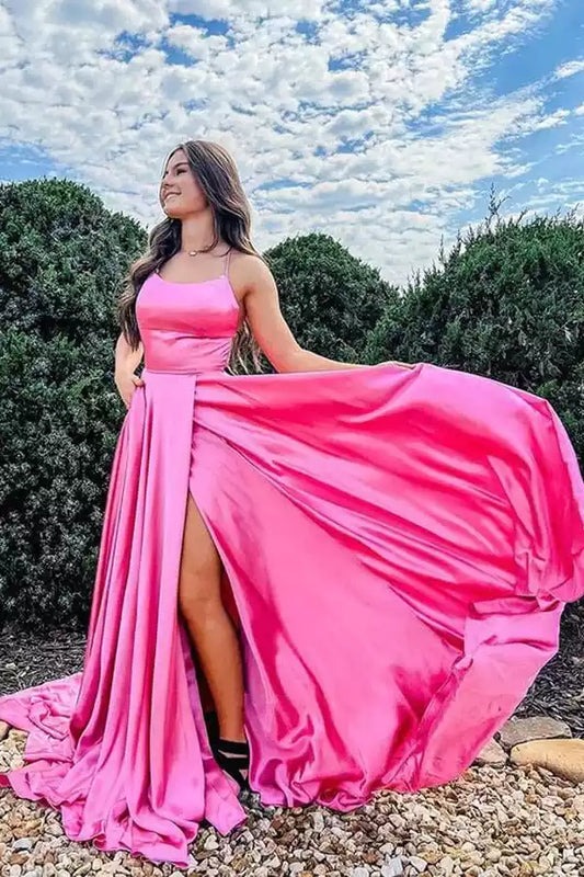 Vibrant Hot Pink Satin A-Line Dress with Square Neck & Lace-Up Back