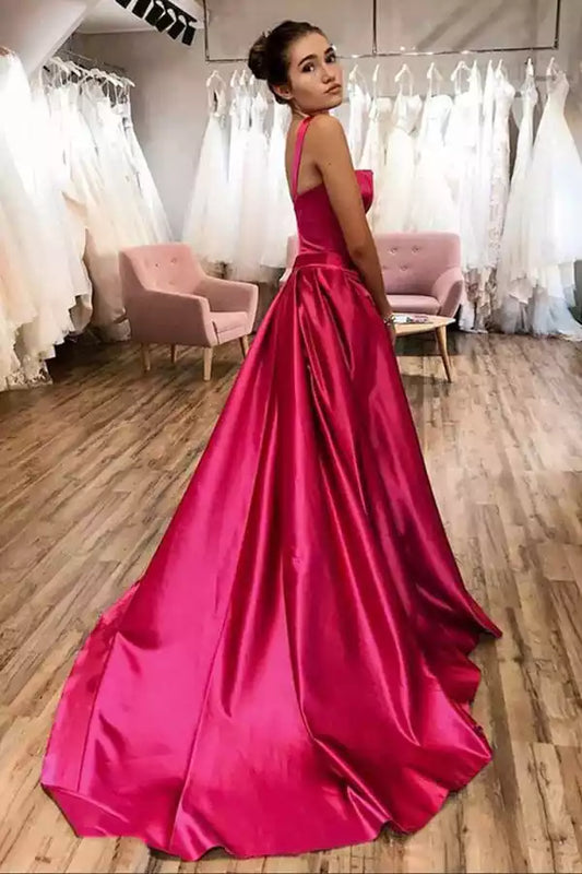 Vibrant Hot Pink Satin Ball Dress with Square Neck & Cathedral Train