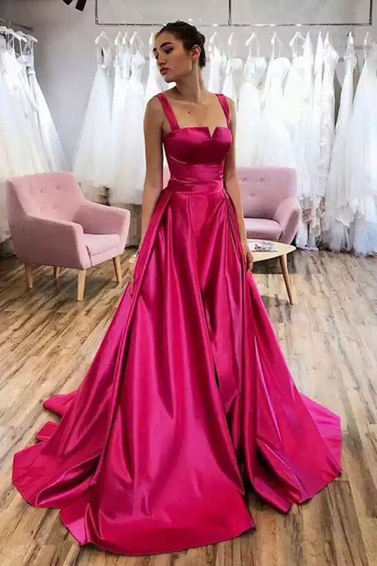 Vibrant Hot Pink Satin Ball Dress with Square Neck & Cathedral Train