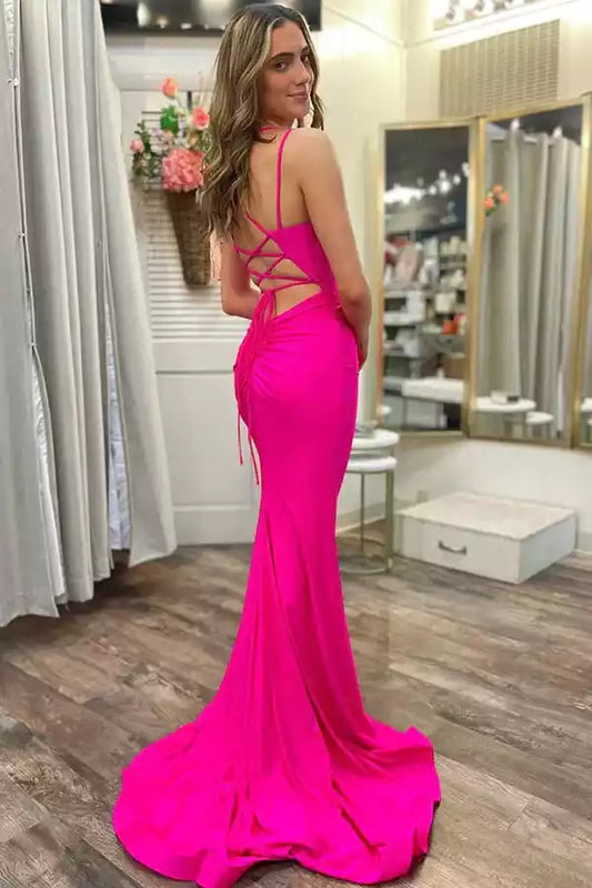 Vibrant Hot Pink Satin Mermaid Dress with Square Neck & Lace-Up Back