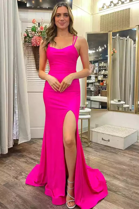 Vibrant Hot Pink Satin Mermaid Dress with Square Neck & Lace-Up Back