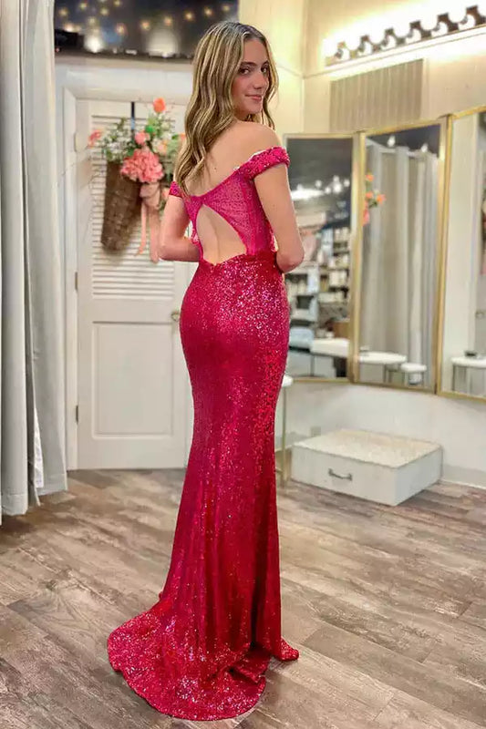 Vibrant Hot Pink Sequin Mermaid Dress with Off-the-Shoulder Neck & Cutout Back