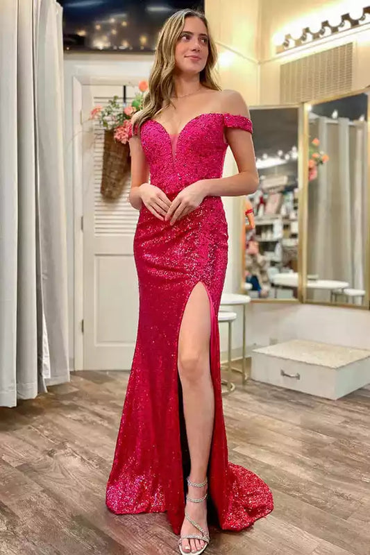 Vibrant Hot Pink Sequin Mermaid Dress with Off-the-Shoulder Neck & Cutout Back