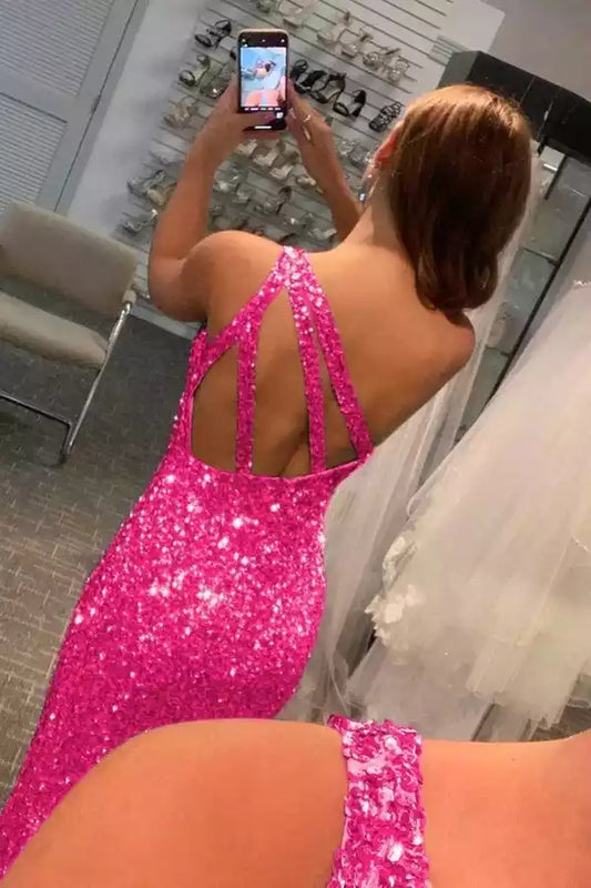 Vibrant Hot Pink Sequin Mermaid Dress with One-Shoulder Neck & Cutout Back